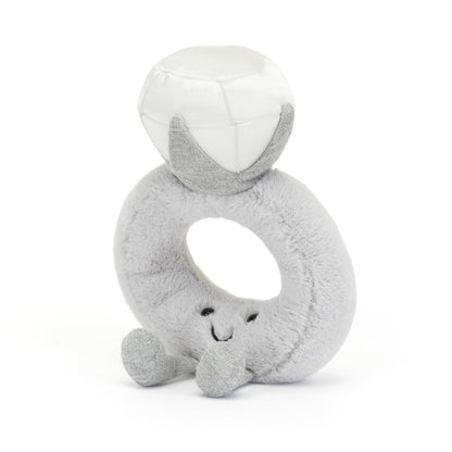 Jellycat Amuseable Diamond Ring plush toy, 20 cm tall, 12 cm wide, featuring a smiling face and colorful design.