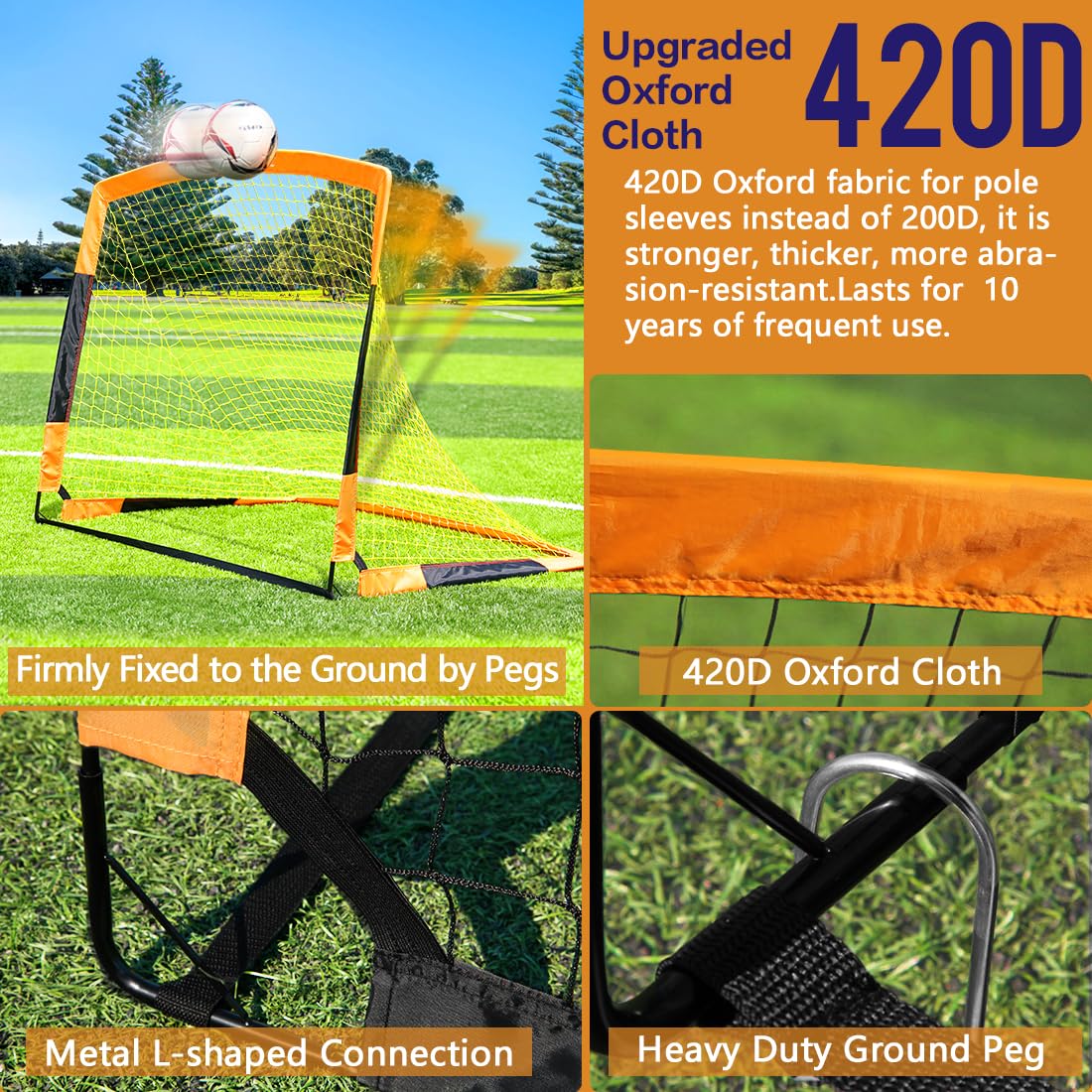 Dimples Excel pop-up football goal in black and orange, portable and foldable garden net, perfect for football fans.