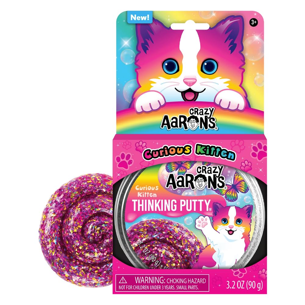 Crazy Aaron's Thinking Putty Curious Kitten in a 4-inch tin, multi-color sensory putty for kids and adults, stress relief, and creative play.