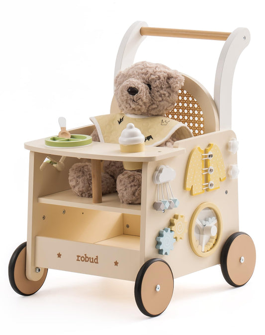ROBUD wooden baby walker with activity center, push along doll stroller for toddlers, featuring safety brake and educational toys