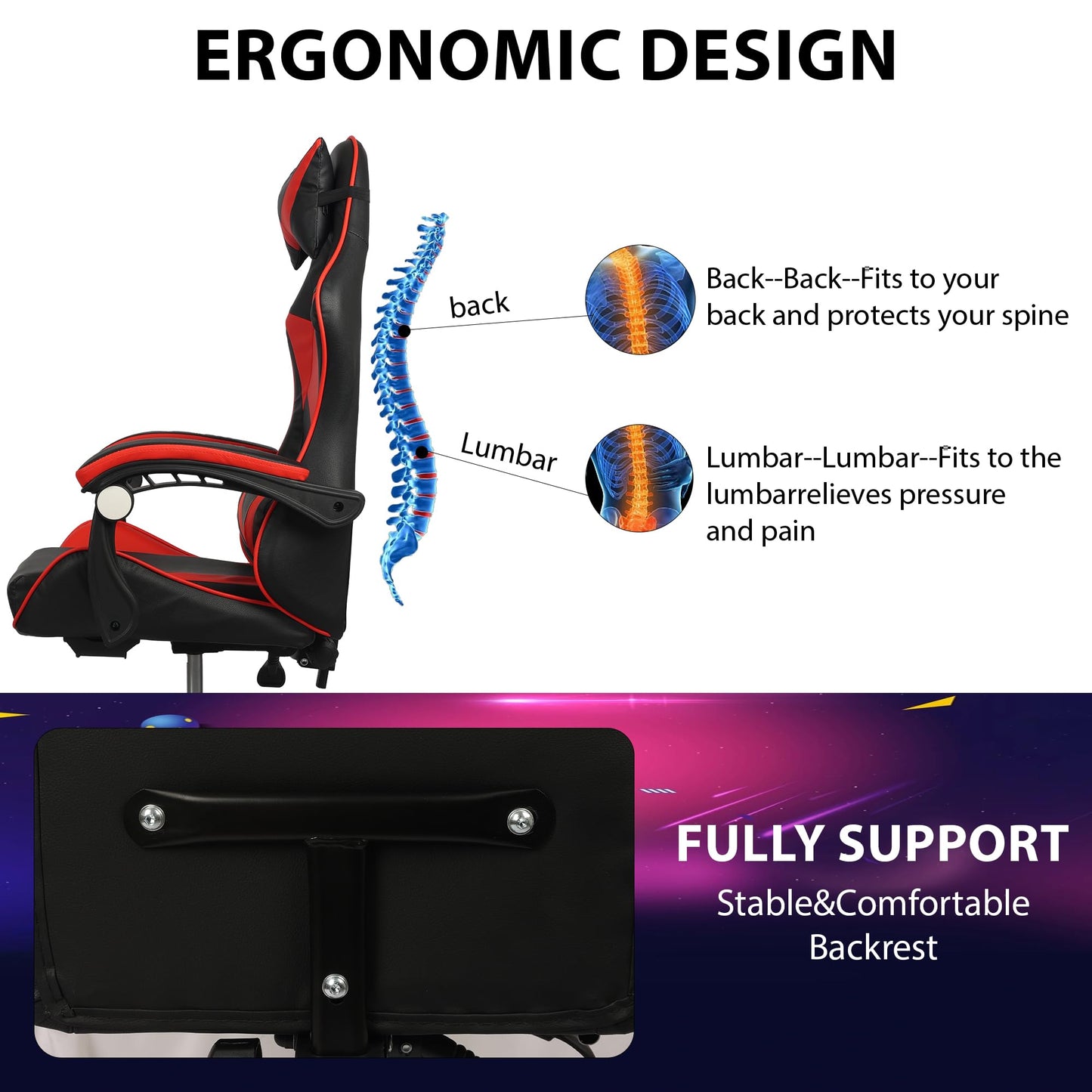Black and red ergonomic gaming chair by Shine Planet with lumbar support, adjustable headrest, recline function, and tall office design.