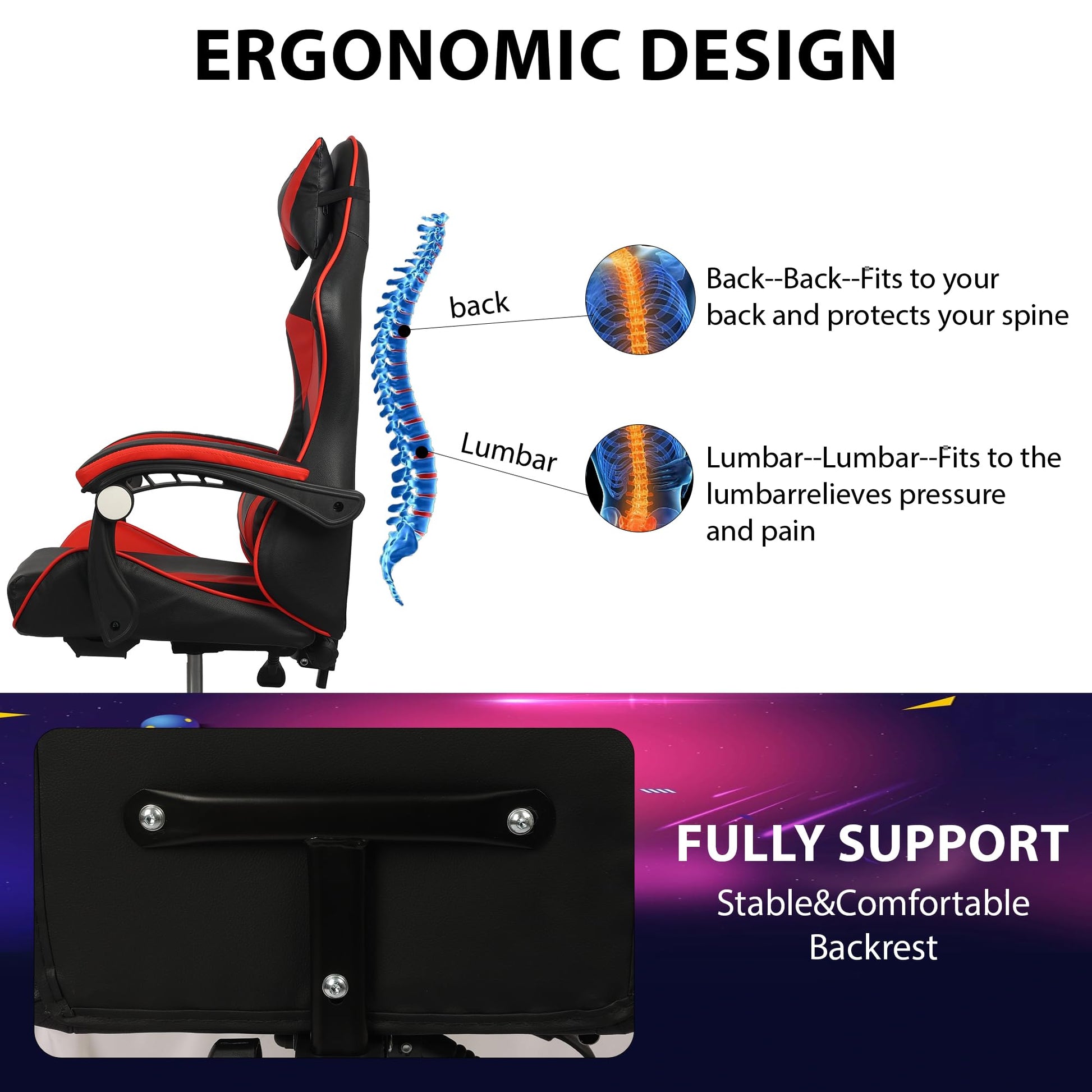 Black and red ergonomic gaming chair by Shine Planet with lumbar support, adjustable headrest, recline function, and tall office design.