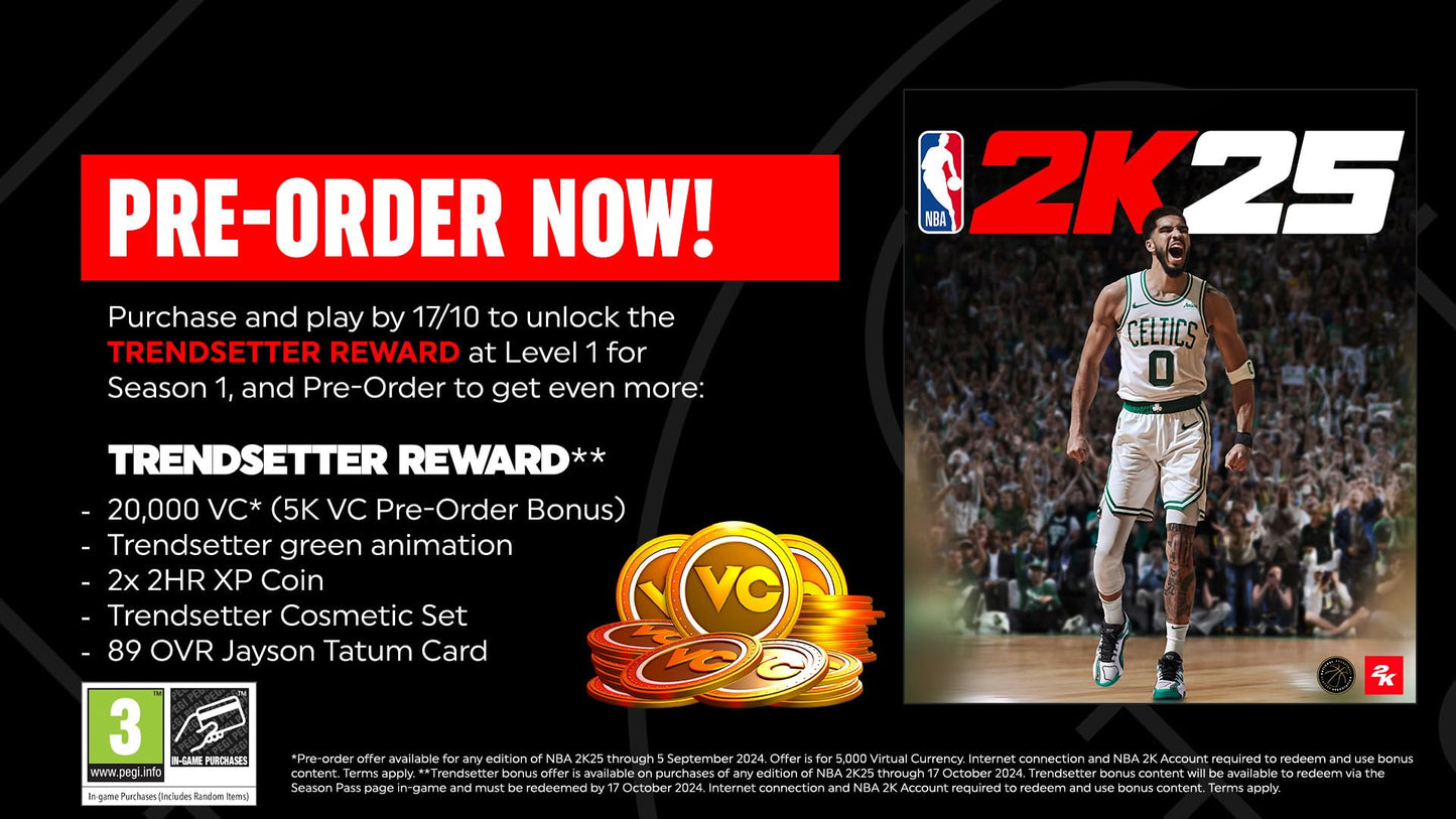 Cover art for NBA 2K25 PS5 Standard Edition video game by 2K, featuring basketball players and game branding.