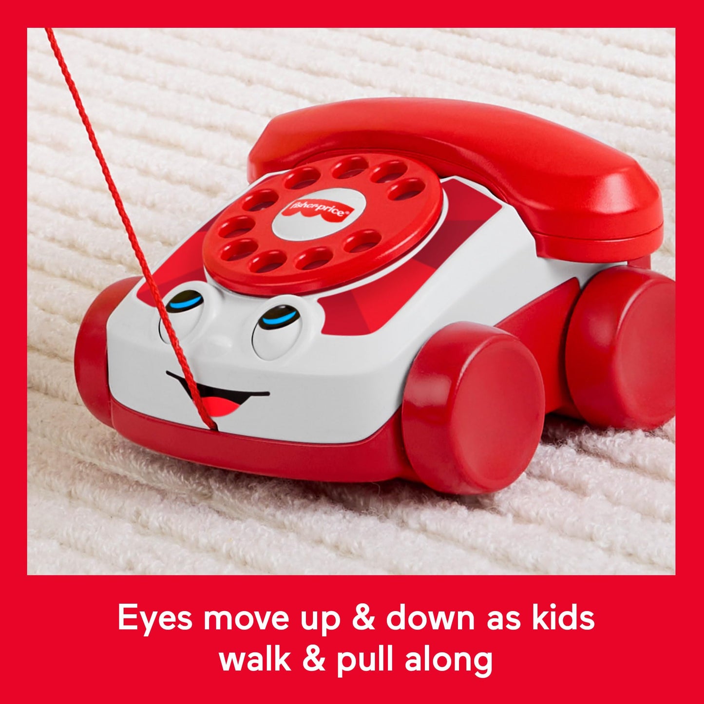 Fisher-Price Red Chatter Telephone toy for babies and toddlers, Mattel 80th Anniversary Edition, pull-along activity phone for infants.