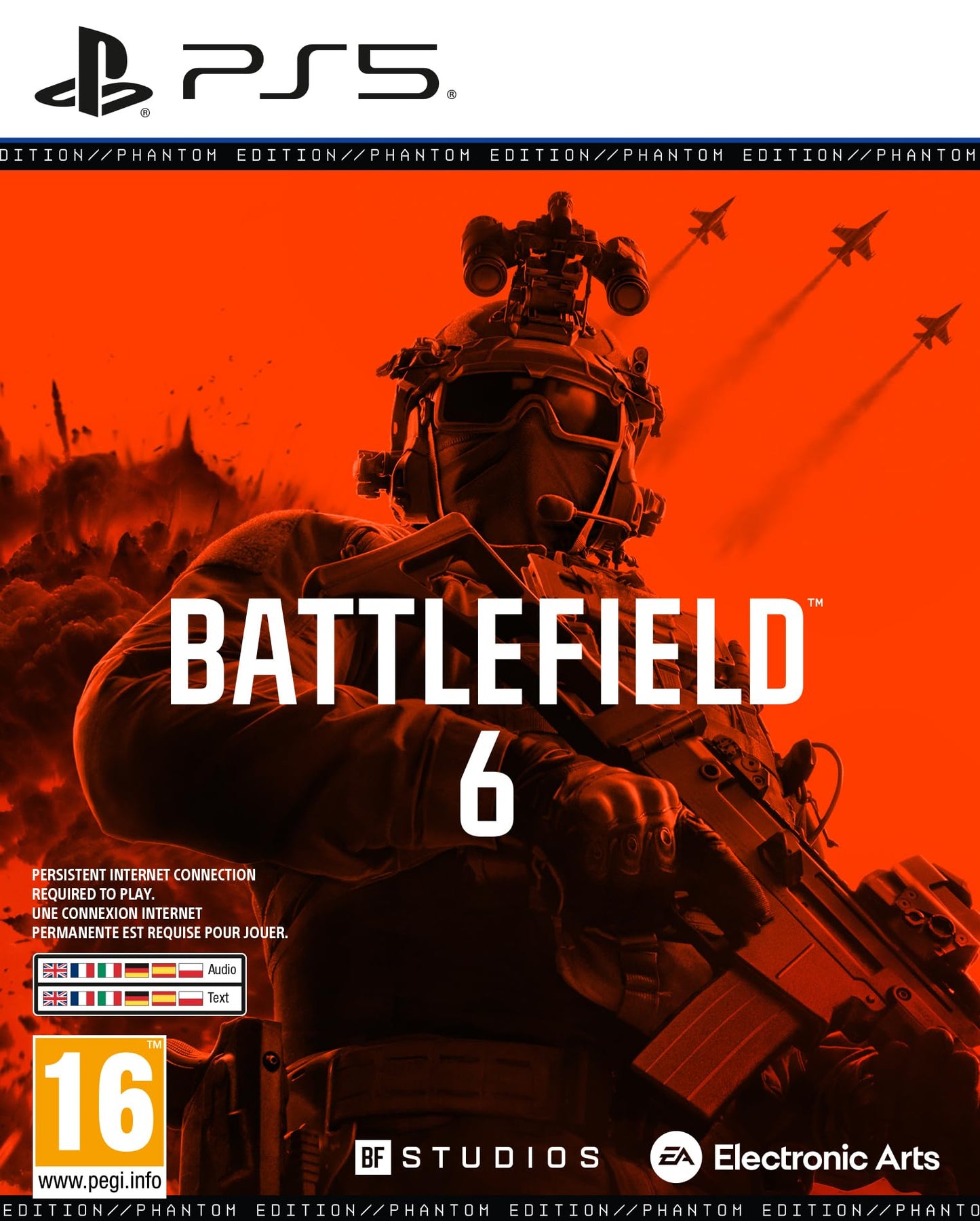 Battlefield 6 Phantom Edition PS5 video game case featuring artwork and branding for Electronic Arts' first-person shooter game.