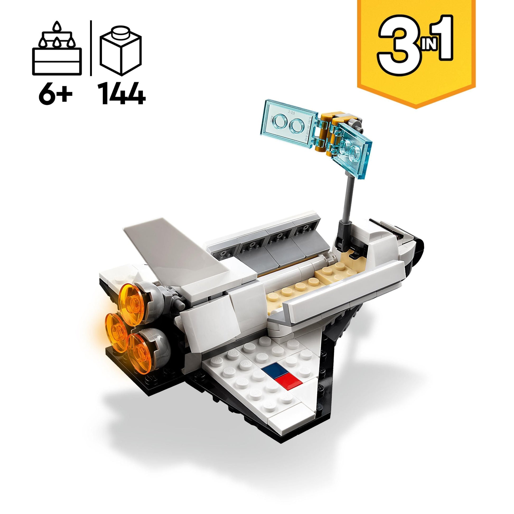 LEGO 31134 Creator 3-in-1 set featuring a space shuttle, astronaut figure, and spaceship model for kids.