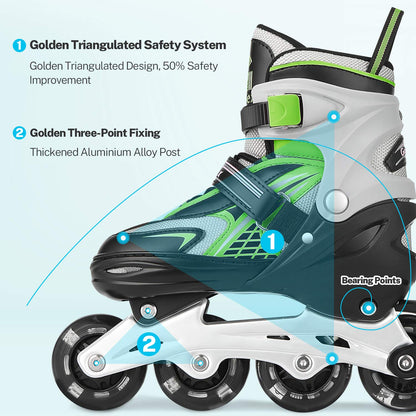 Gonex Children’s Inline Skates, Adjustable Inline Skates for Boys and Girls, EU 31-42, Green, M