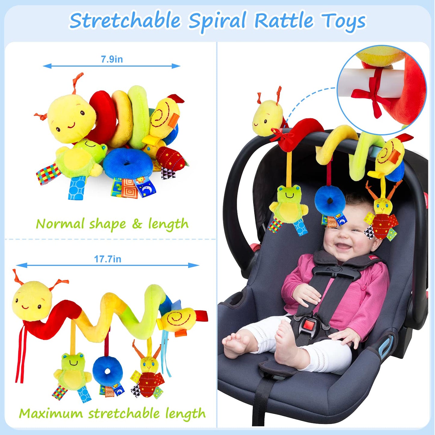 YELUFT Spiral Pram Toys for Babies - Wrap Around Pushchair Stroller Car Seat Toys for 0 3 6 9 12 Month Plush Activity Rattle Hanging Toy Sensory Gift for Newborn Infant Baby
