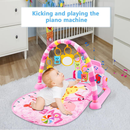 Colorful baby gym play mat with piano, sensory toys, and musical features for infants aged 0-36 months by Ylnailky.