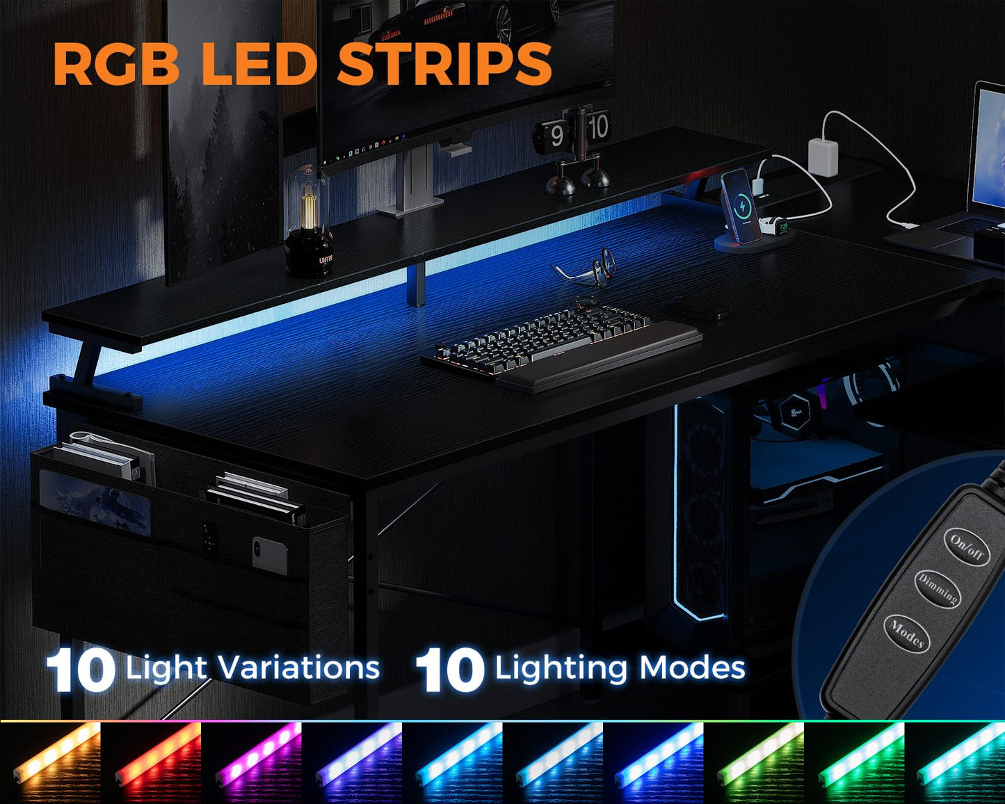 Coleshome L-shaped gaming desk with LED lights, black finish, monitor stand, storage shelves, power outlet, and reversible corner design