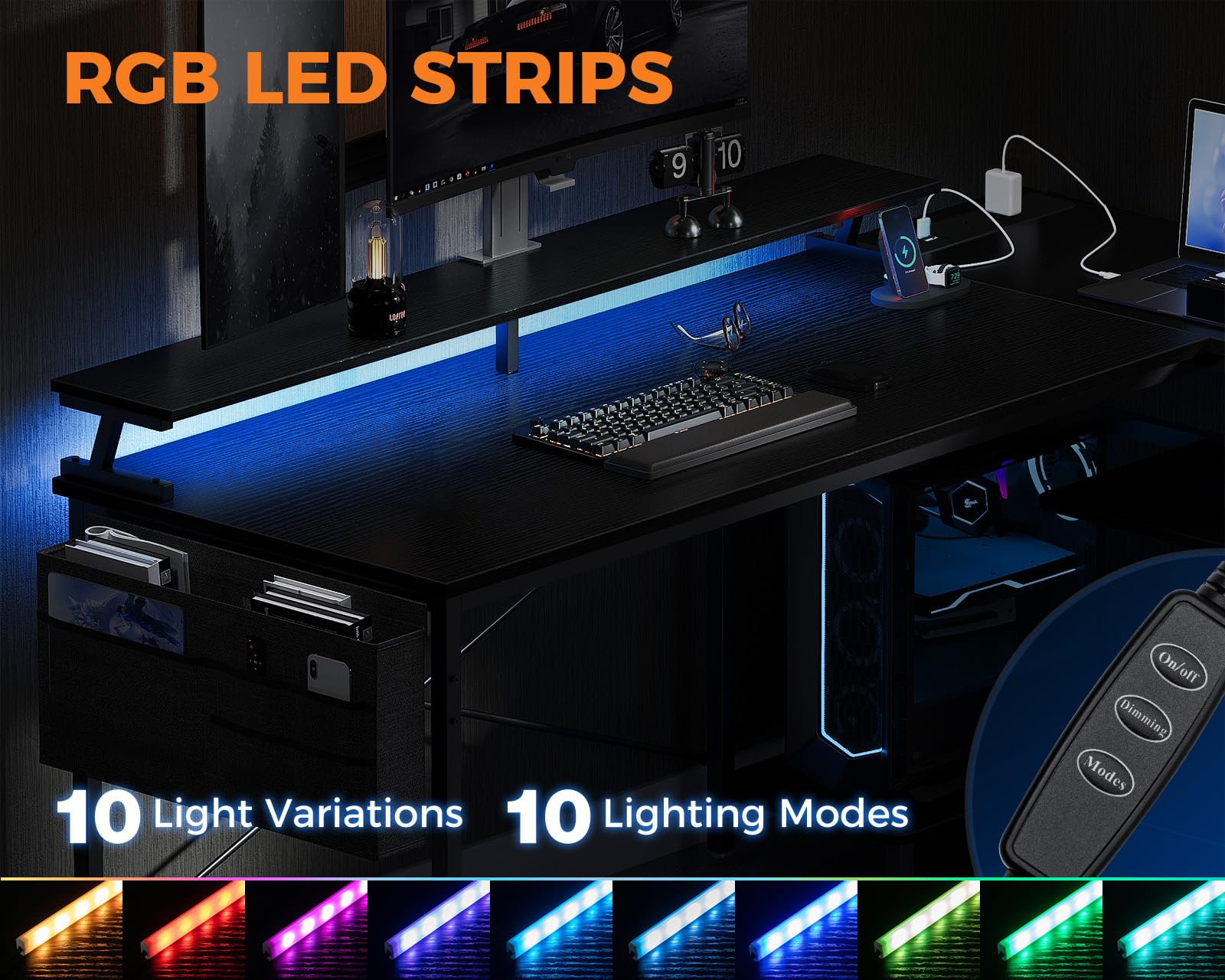 Coleshome L-shaped gaming desk with LED lights, black finish, monitor stand, storage shelves, power outlet, and reversible corner design