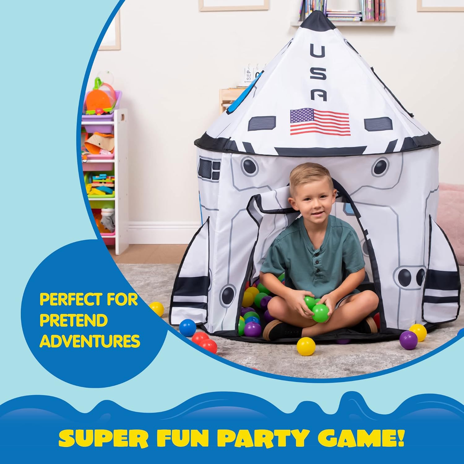Joyin rocket ship play tent for kids, indoor and outdoor toddler space-themed pop-up playhouse with colorful design.