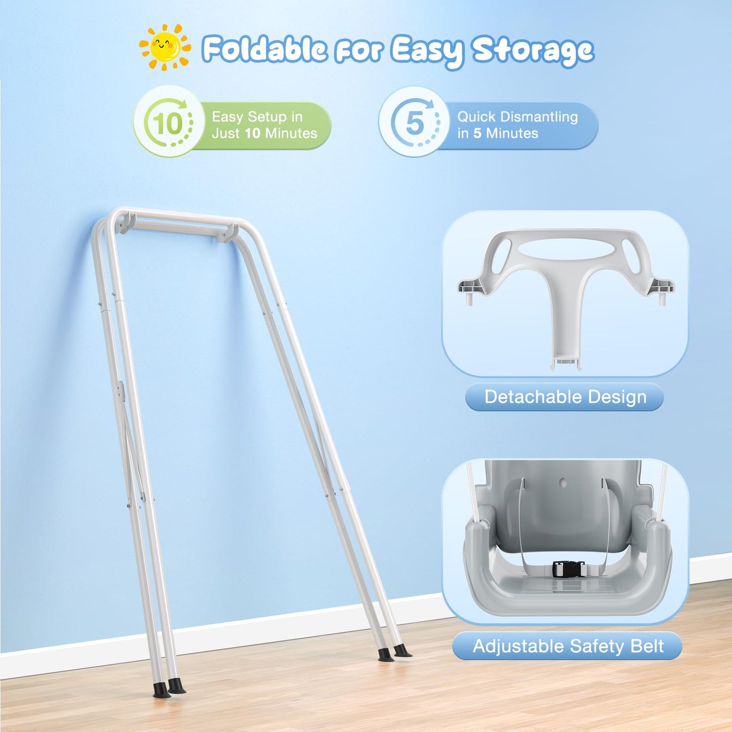 4 in 1 Toddler Swing Set, Kids Swing with Folding Metal Frame Stand, Safety Belt, for Baby In & Outdoor, Garden Playground Set, Swing Sets for backyard (White)