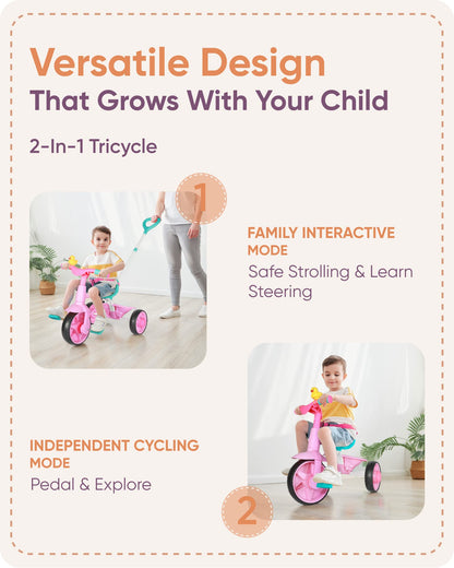 KRIDDO 2 in 1 Kids Tricycles Age 18 Month to 3 Years, EVA Wheels Upgraded, Gift Toddler Tricycle, Trikes for Toddlers 2 to 3 Year Old with Push Handle and Duck Bell, Pink