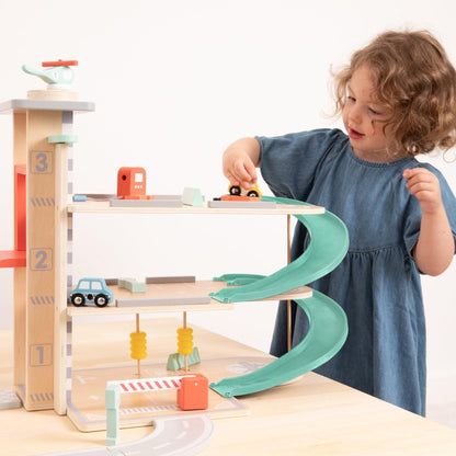 Owl & Fox Traditional Wooden Play Garage, Three Tier Garage with Ramps, Petrol Pump, Car Wash, Parking Barrier, Cars, Helicopter and Accessories, Interactive Imaginative Role Play
