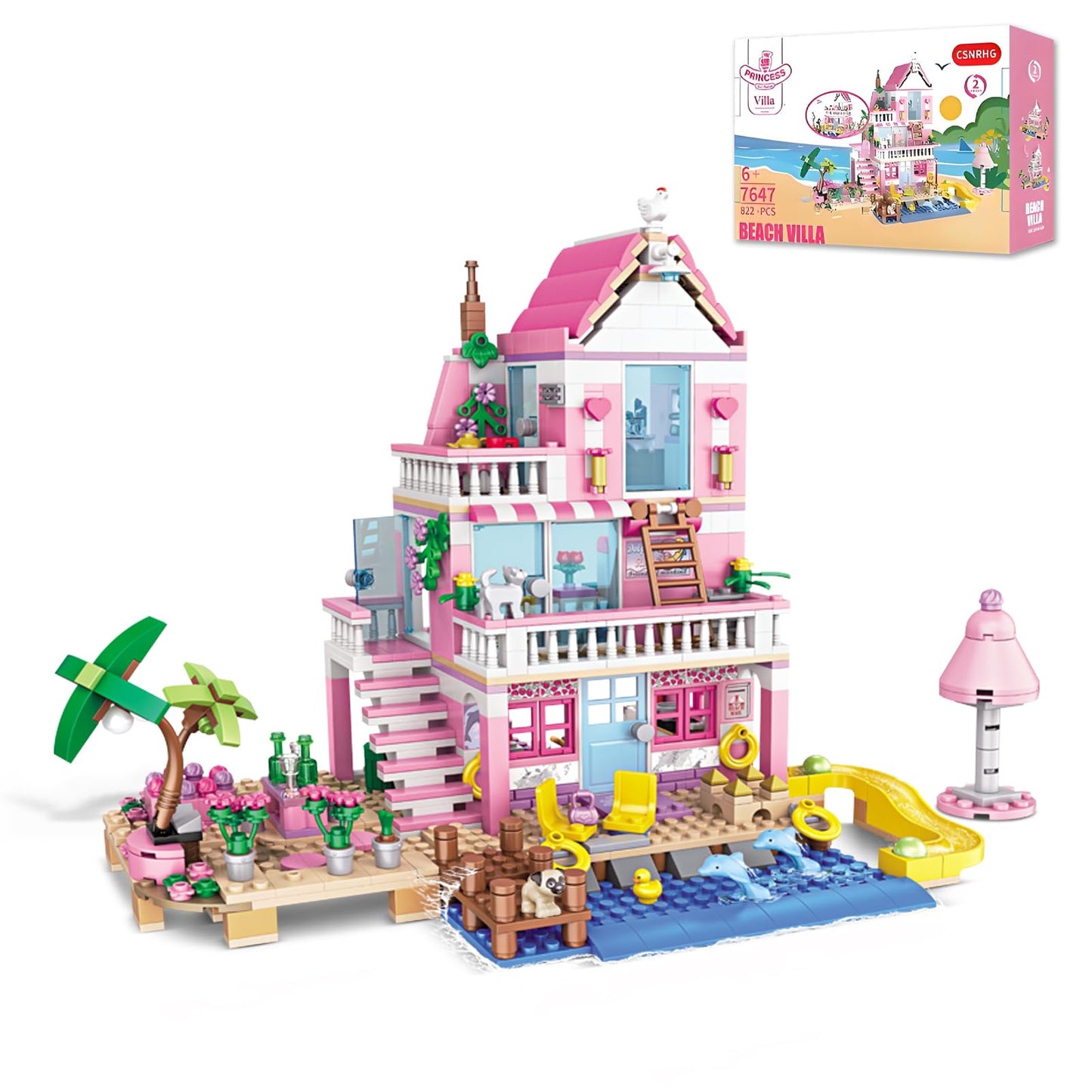CSNRHG Pink Seaside Beach Villa Friends Building Set Friends Construction Educational Toy 822 Pieces Gifts for Girls Teens Kids Adults Ages 6+