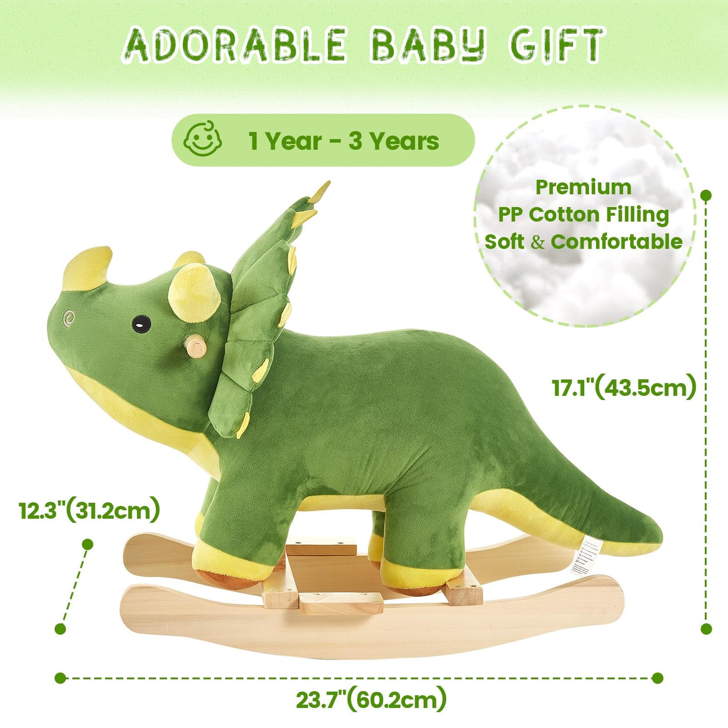 FUNLIO Dinosaur Baby Rocking Horse for Toddlers 1-3 Years, Mighty & Cute Green Plush Rocking Triceratops, Stuffed Ride-on Dinosaur Rocker, Easy to Assemble, CPC & CE Certified