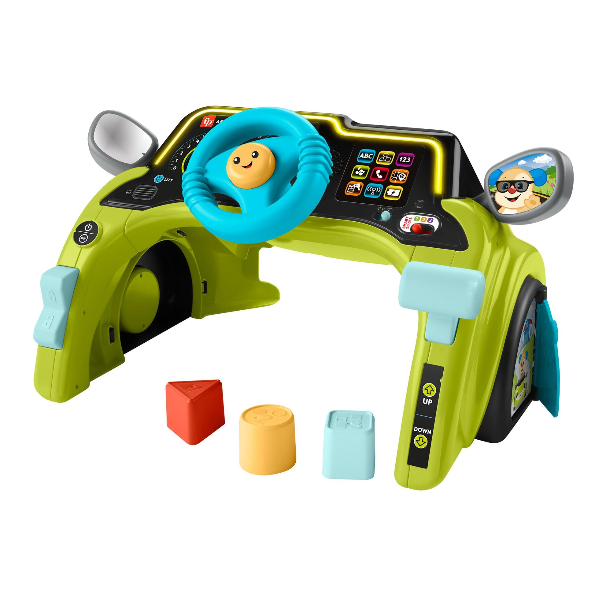 Fisher-Price Laugh & Learn Sit & Steer Driver Car activity center with colorful steering wheel, buttons, and interactive learning features for babies.