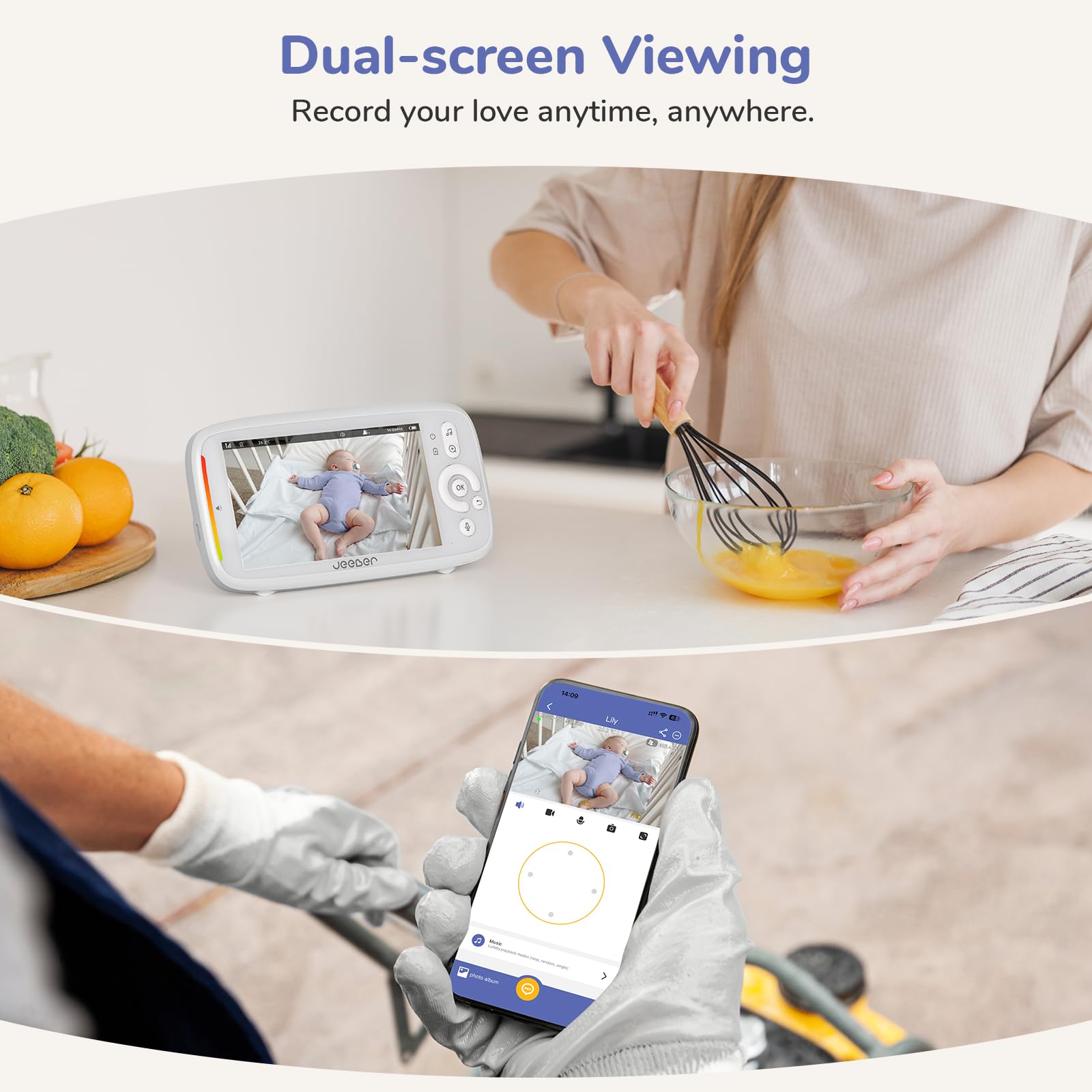 Jeeber 2K WiFi Smart Baby Monitor with camera, 5-inch screen, motion detection, night vision, two-way talk, and temperature sensor.