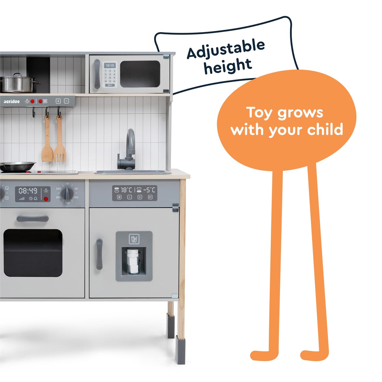 Jeridoo Wooden kitchen Little Chef's Kitchenette set with light-up oven, microwave, ice maker, Pretend Playset for Toddlers 3-6 years