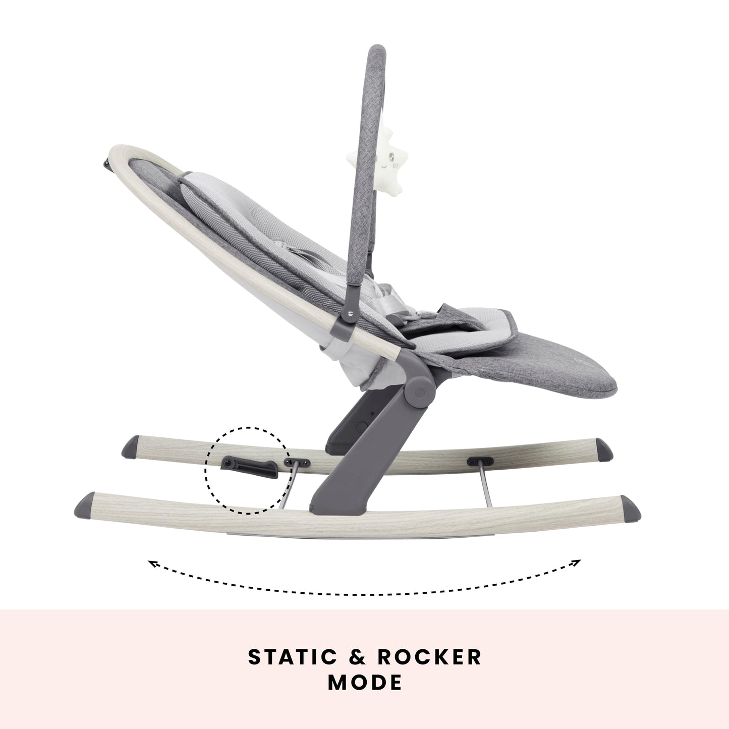 Ickle Bubba Stella baby bouncer and rocker with adjustable recline, lightweight frame, removable toy bar, and washable fabric.