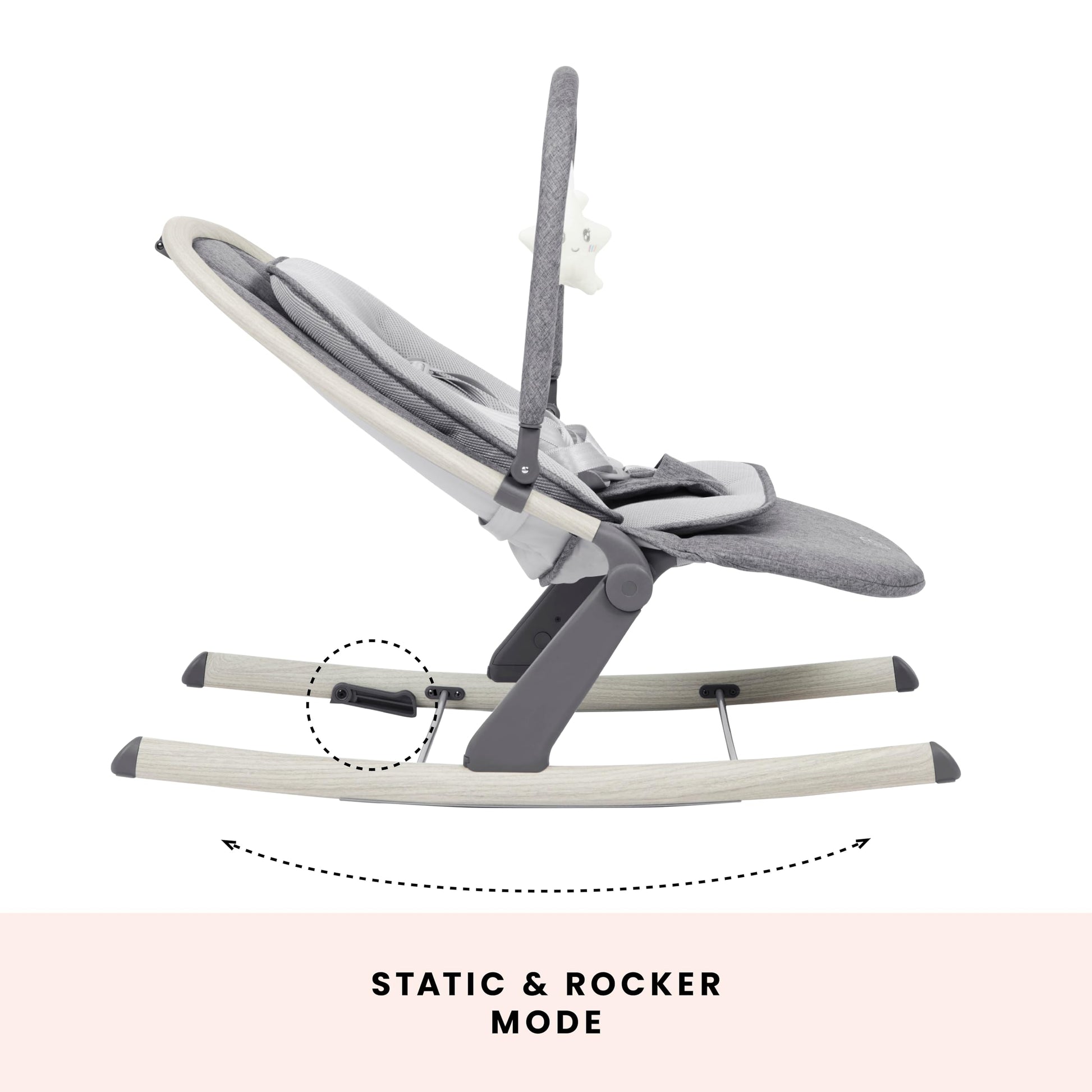 Ickle Bubba Stella baby bouncer and rocker with adjustable recline, lightweight frame, removable toy bar, and washable fabric.