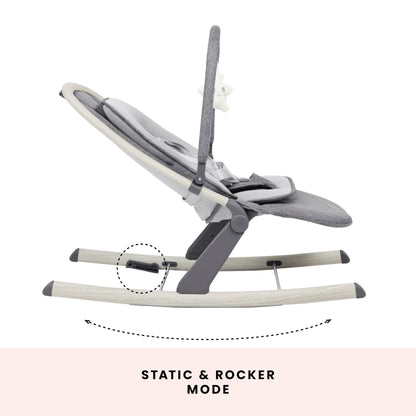 Ickle Bubba Stella baby bouncer and rocker with adjustable recline, lightweight frame, removable toy bar, and washable fabric.