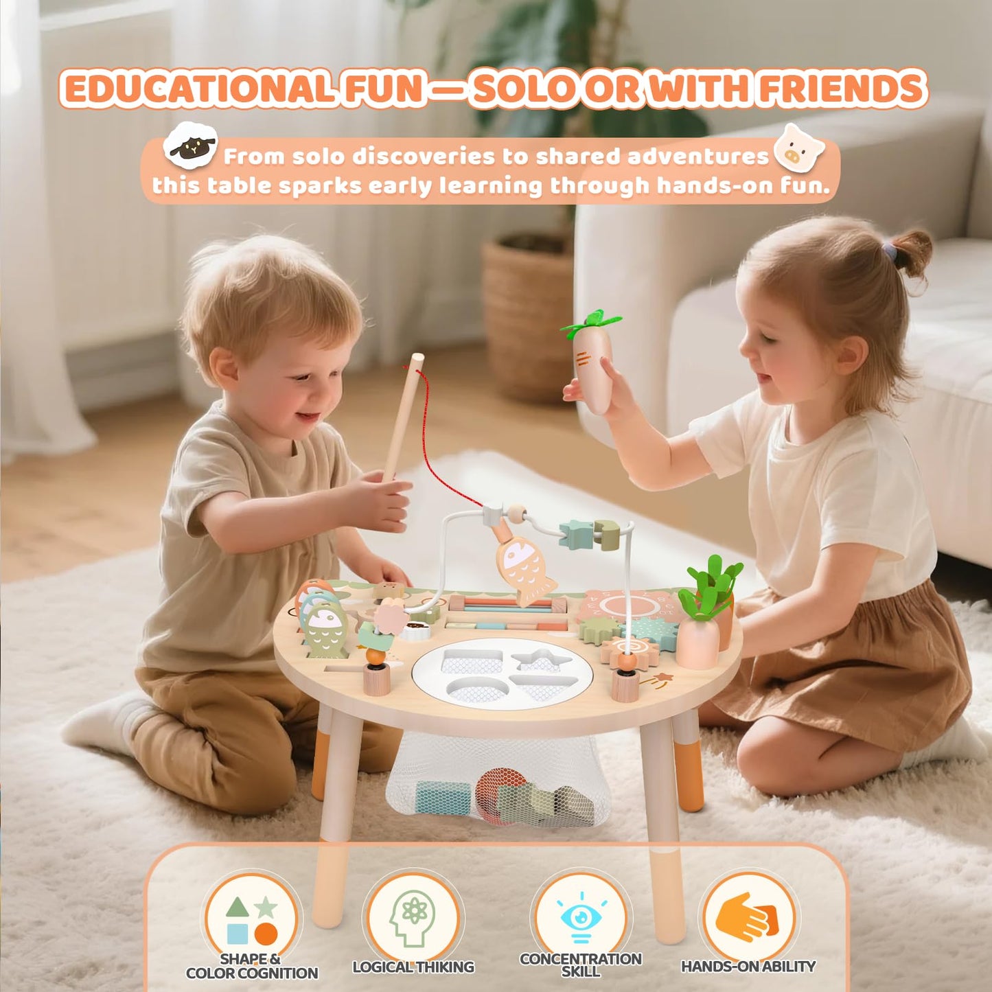 Wooden Montessori activity table for toddlers with shape sorter, bead maze, and fishing game, designed for sensory learning and 1+ year olds.
