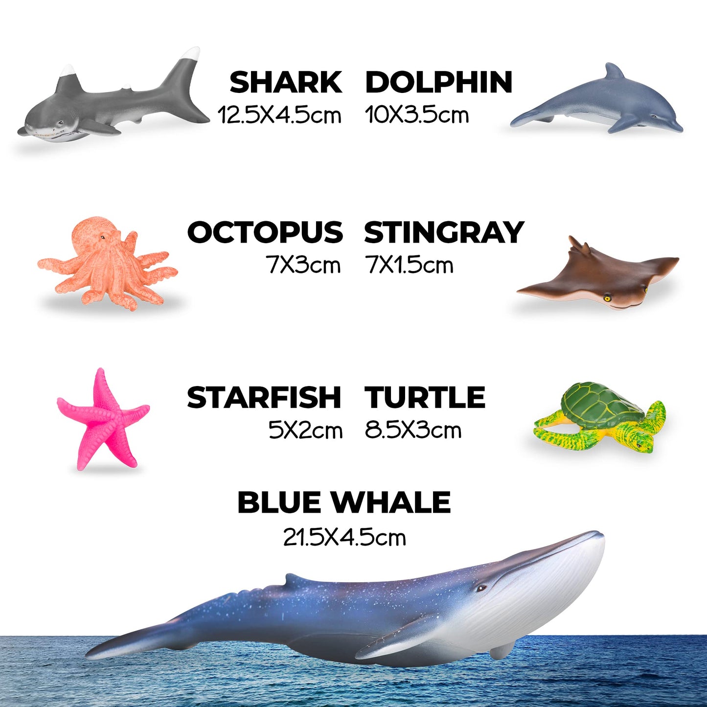 Set of 7 Learning Minds sea animal figures including shark, whale, and dolphin toys for children's educational play.