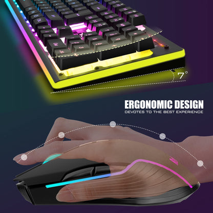 RedThunder K10 Wireless Gaming Keyboard and Mouse Combo, LED Backlit Rechargeable 3800mAh Battery, UK Layout Mechanical Feel Keyboard + 7D 3200DPI Mice for PC Gamer (Black)