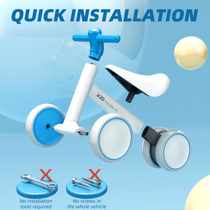 Cyan XJD baby balance bike for toddlers 10-24 months, featuring no pedals and suitable for outdoor garden play.