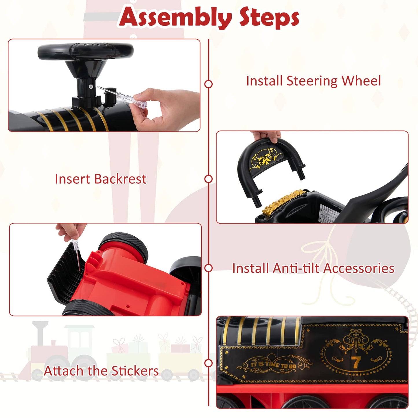 Costway kids electric ride-on train with black tracks, flashing lights, music, storage seat, 6V battery-powered toy for children.