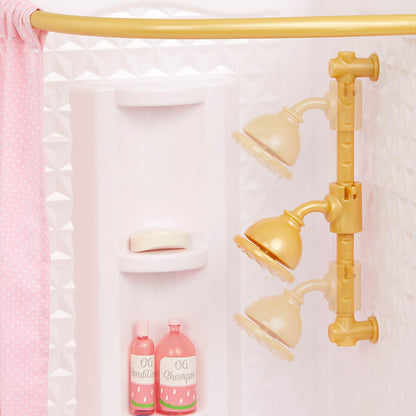 Modern Our Generation dollhouse bathroom set featuring 7 pieces of furniture accessories for 18-inch girl dolls.