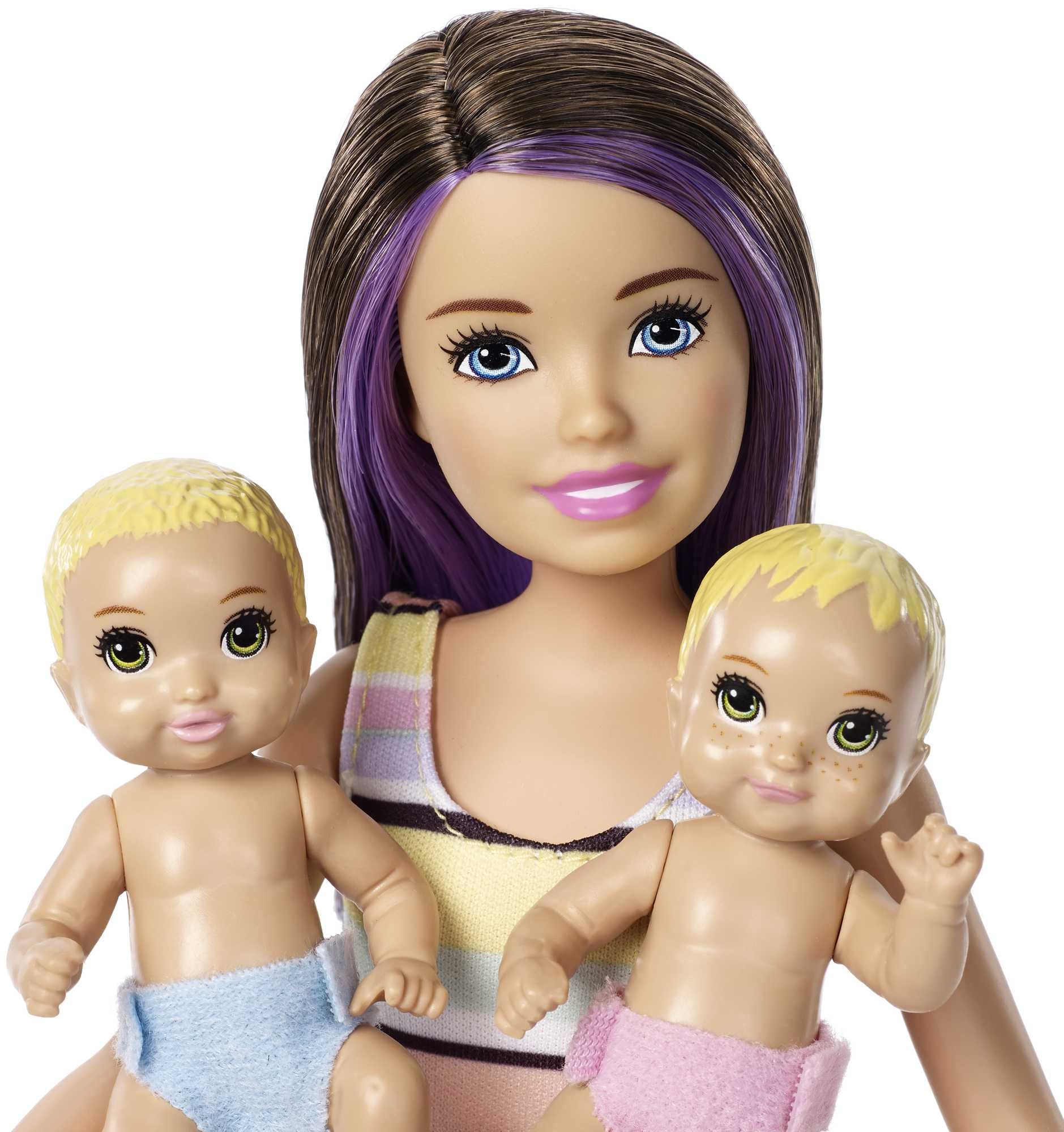 Barbie Nursery Playset featuring Skipper doll, two baby dolls, crib, and baby gear for imaginative play.