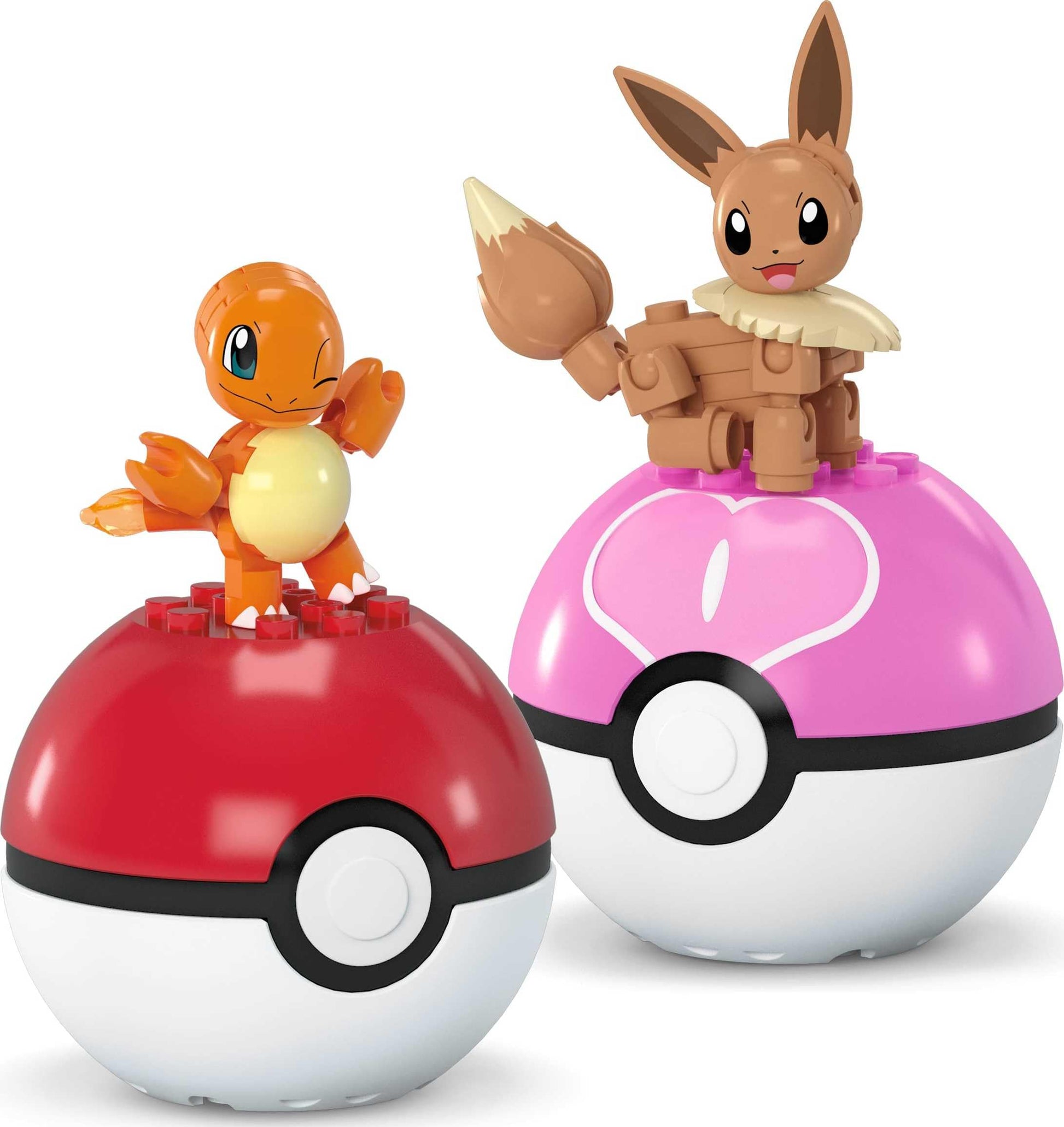 MEGA Pokémon action figure building set featuring Charmander and Eevee with Poké Balls and 40 colorful pieces for kids.