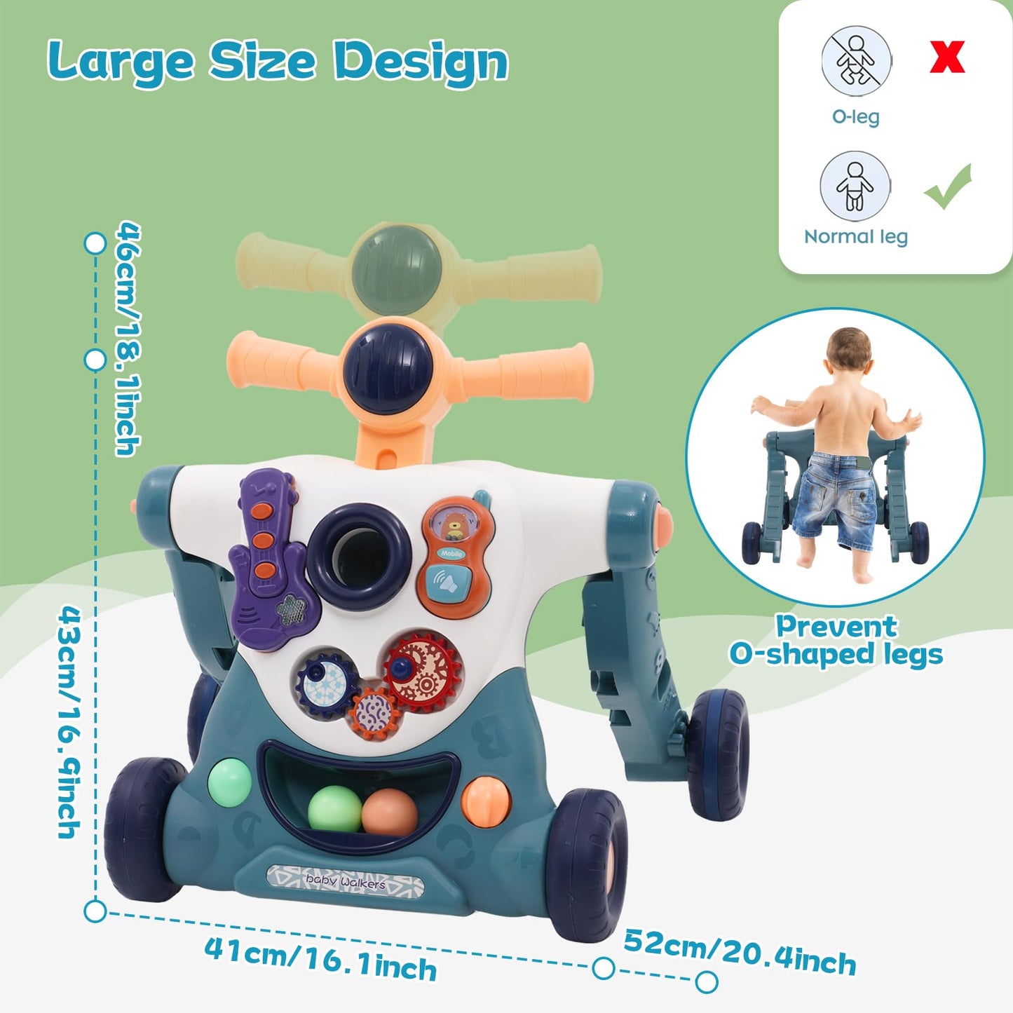 Blue Forroby 3-in-1 baby walker with music, activity panel, and adjustable speed for toddlers sitting or standing.