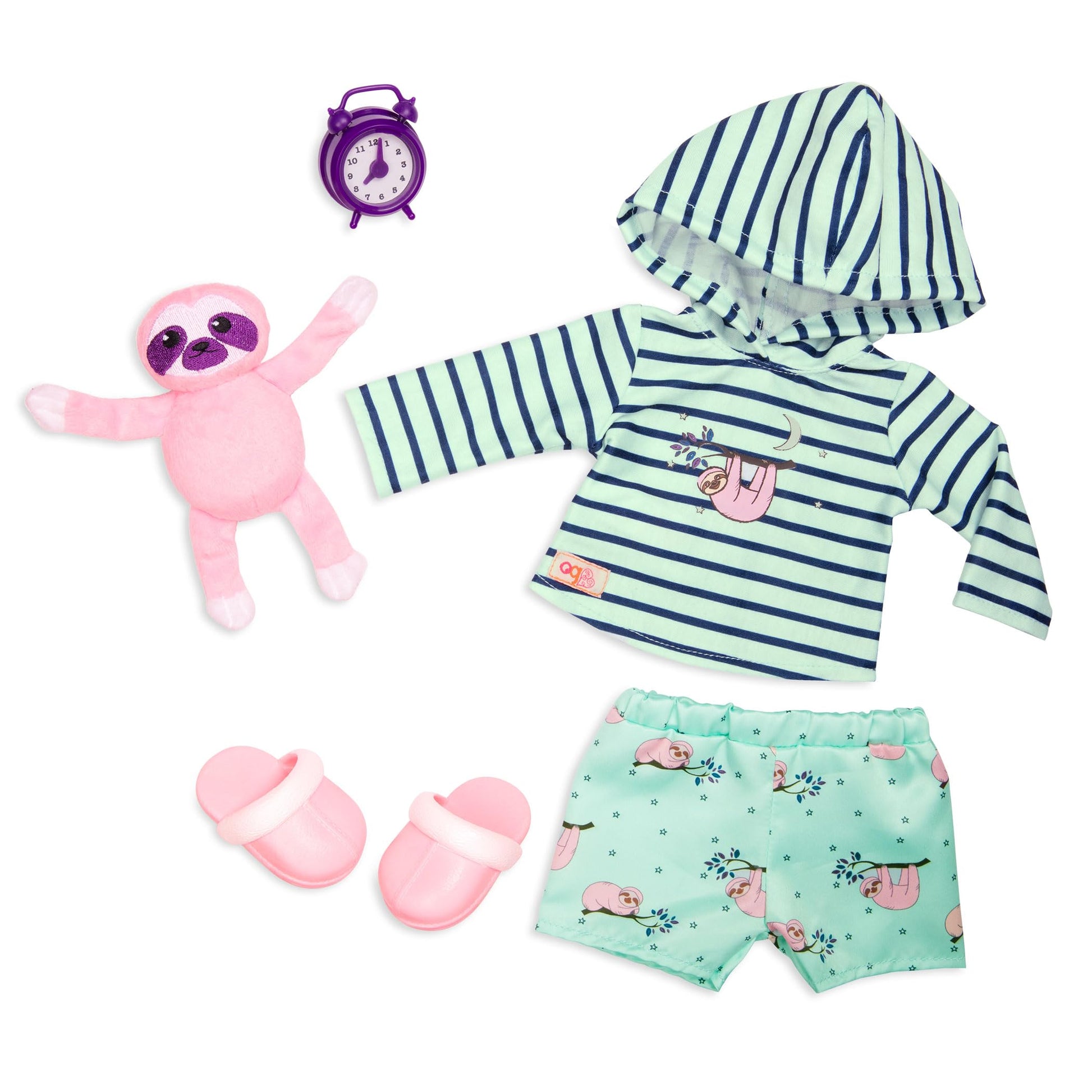 Our Generation Sleepy Sloth outfit featuring a hooded pajama and plush sloth toy for 46 cm dolls, perfect for sleep time.