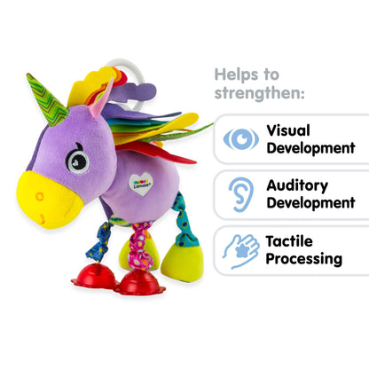 LAMAZE Tilly squeaky unicorn toy with soft fabric and colorful details, designed for babies to hold and chew.