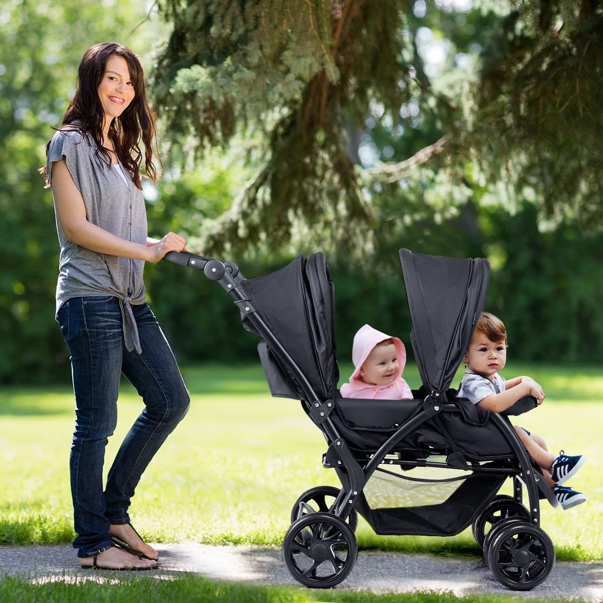 Maxmass Double Seat Baby Stroller, Folding Infant Pushchair with Adjustable Handlebar & Backrest, Storage Basket and Detachable Canopy, Travel Toddler Buggy for Shopping, Hanging Out (Black)