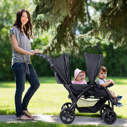 Maxmass Double Seat Baby Stroller, Folding Infant Pushchair with Adjustable Handlebar & Backrest, Storage Basket and Detachable Canopy, Travel Toddler Buggy for Shopping, Hanging Out (Black)