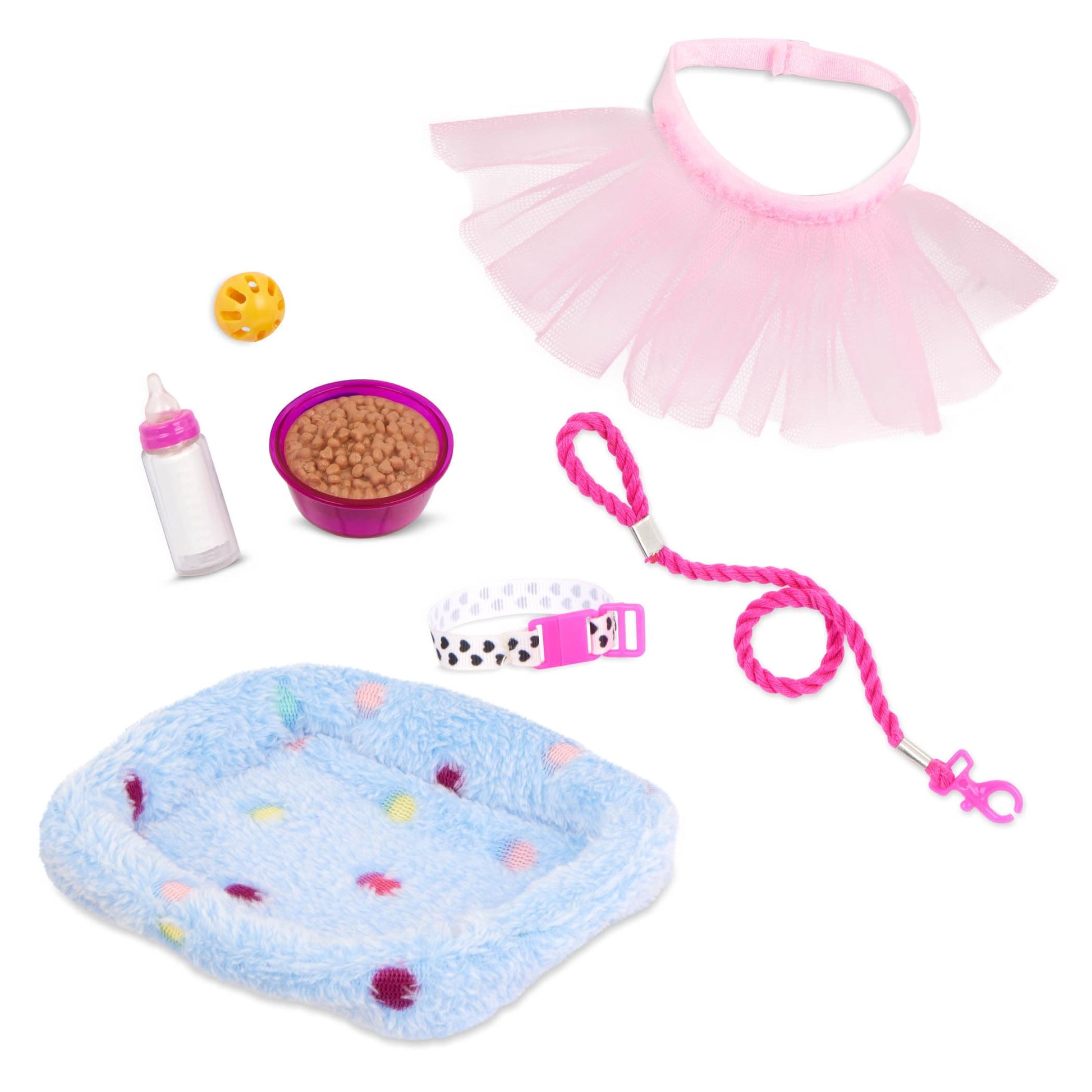 Our Generation 18-inch doll Mindy with her kitten Pepper and accessories, showcasing their playful bond.