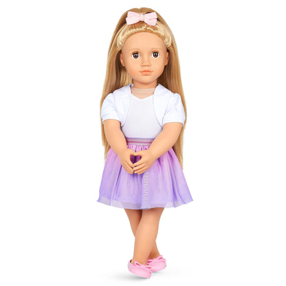 Our Generation Thea doll with blonde hair and hazel eyes, featuring bow-themed outfits and styling accessories in a gift box.