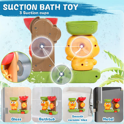 Fajiabao bath toys for toddlers featuring stackable animal cups and a spoon, perfect for water play fun.