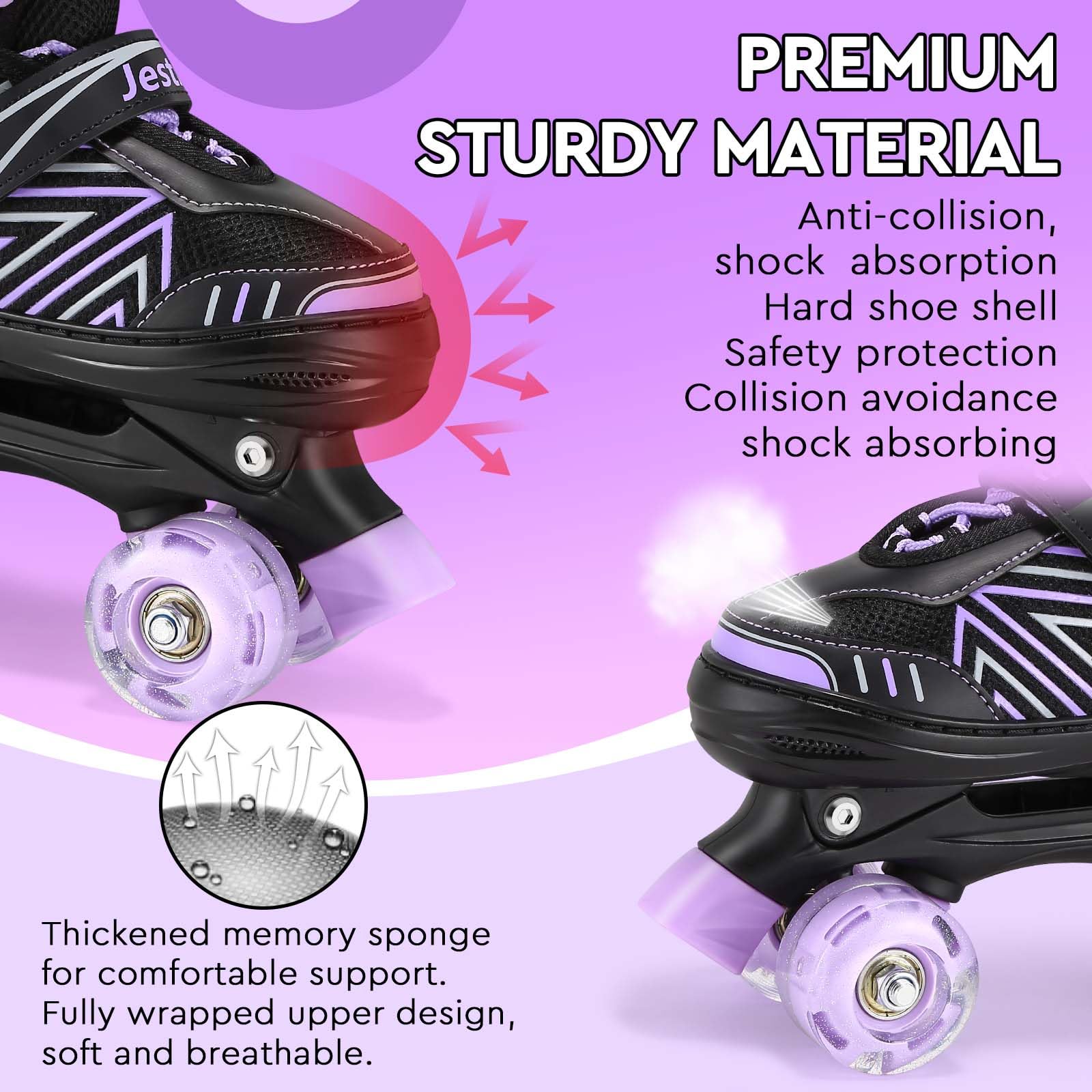 Jestme kids roller skates for girls and boys with adjustable size, 8 light-up wheels, suitable for indoor and outdoor use.