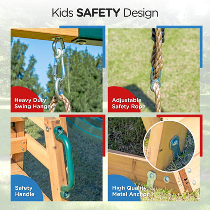DOLPHIN PLAYGROUND T Swing Set for Backyard with Slide, 2 Swings, Trapeze Bar, Climbing Wall, Play house for Kids Outdoors with Kitchen Toys and Wooden Roof – Cedar Wood Outdoor Playset for Ages 3+
