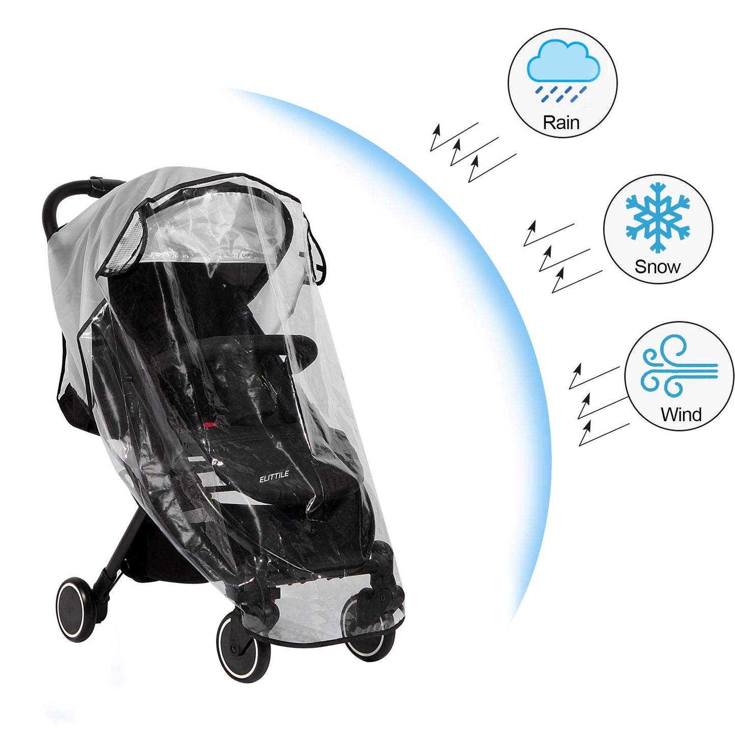 Hrzeem universal pushchair rain cover protecting from wind, rain, sun, dust, and snow, fitting various stroller models.