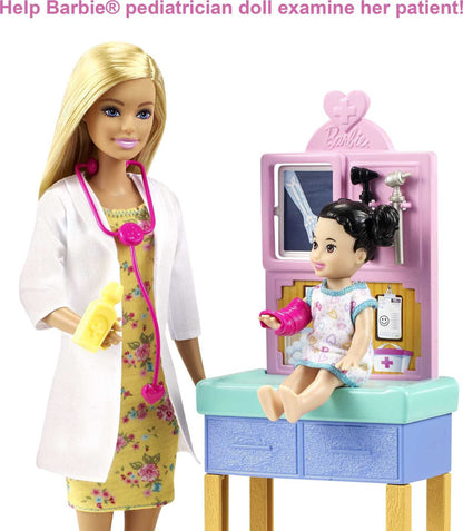 Barbie Pediatrician Playset with blonde doll, exam table, stethoscope, X-ray, clipboard, teddy bear, and patient doll for kids 3+