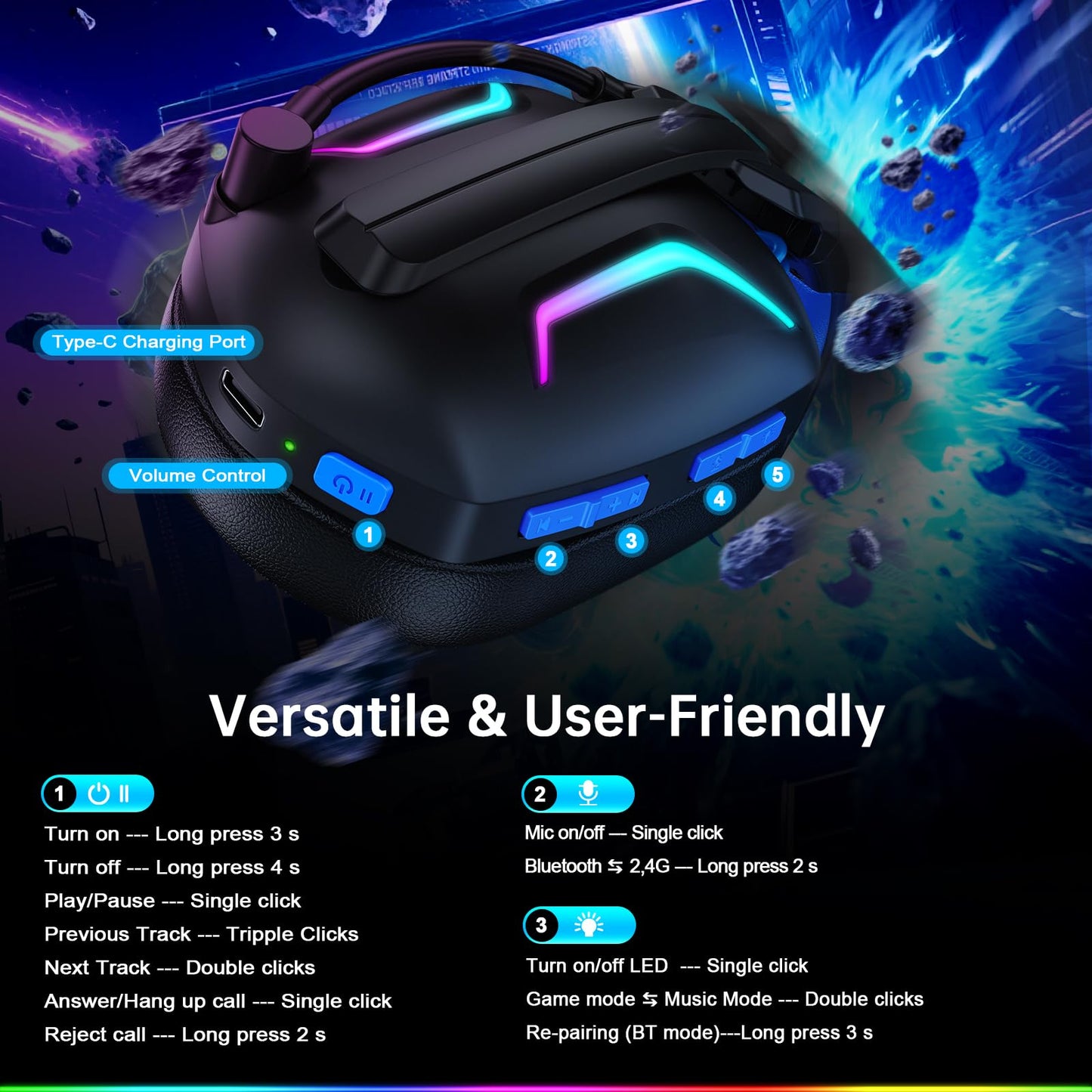 Fachixy FC300 wireless gaming headset with mic, Bluetooth, 2.4GHz USB, 50-hour battery, 3D stereo sound for PS5, PS4, PC, Switch, mobile