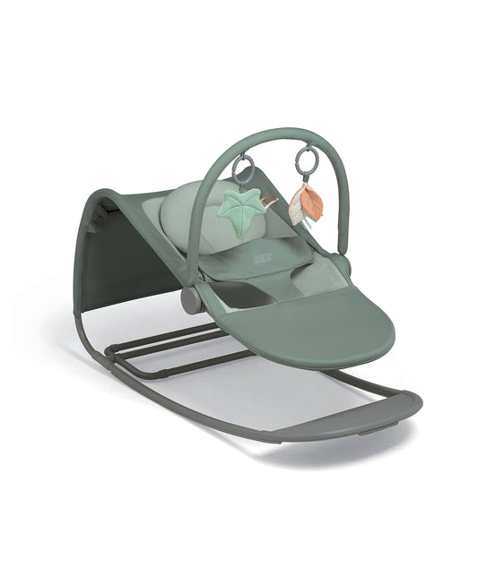 Mamas & Papas Tempo 3-in-1 rocker and bouncer for babies with lightweight frame, 3-point harness, and removable magnetic toy bar, Ivy color.