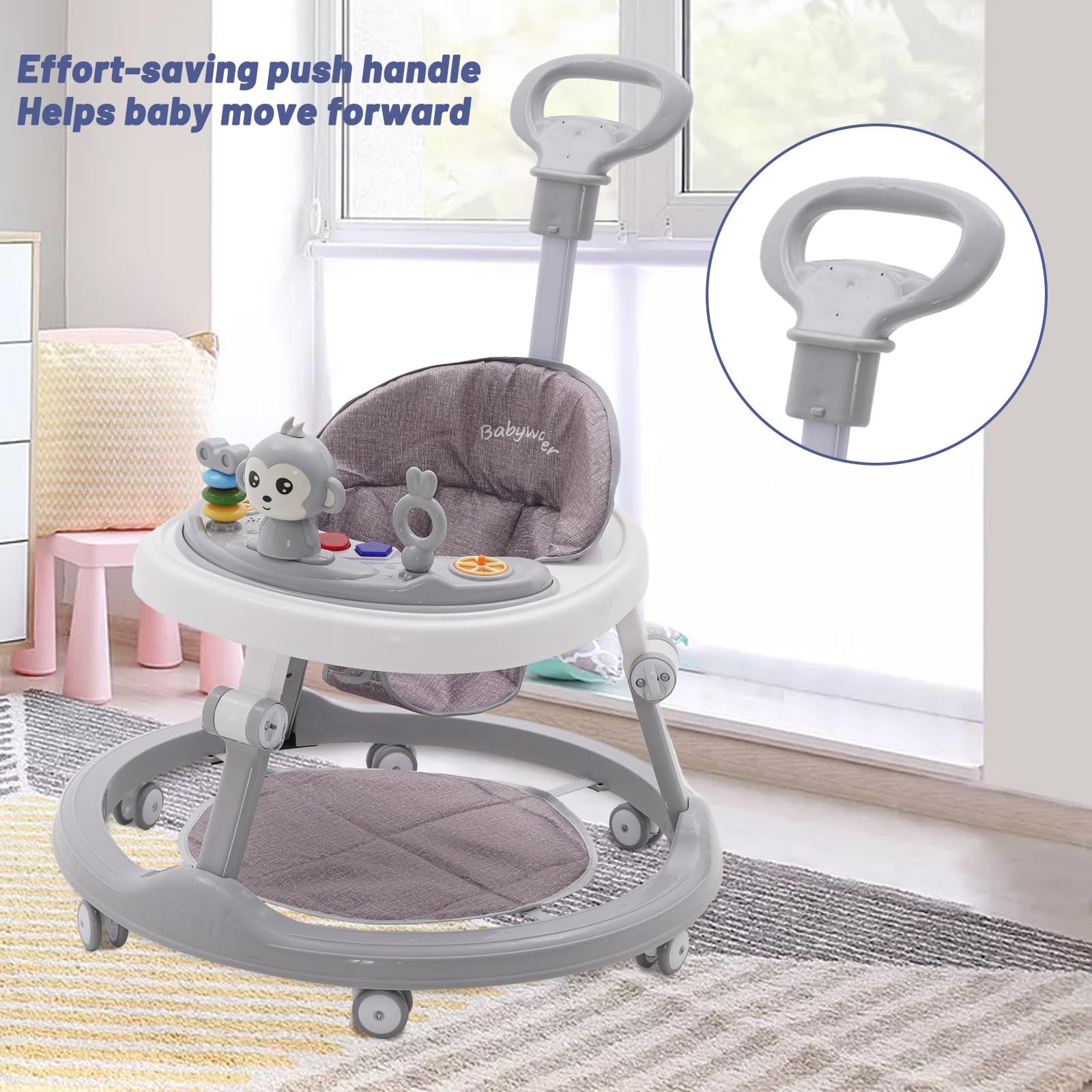 Maycoly foldable 3-in-1 baby walker with seat, foot pads, light, sound, adjustable height, and anti-rollover safety features.